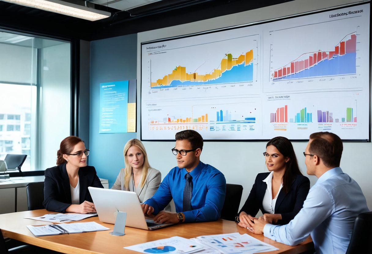 A modern office environment featuring a diverse group of professionals engaged in a dynamic brainstorming session. Visual elements include charts, laptops, and growth charts symbolizing career advancement, with an upward arrow in the background representing success. Soft, inspiring lighting that evokes ambition and hope. Illustrate a sense of collaboration and innovative thinking. vibrant colors. super-realistic.