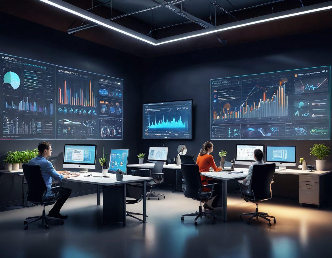 A dynamic workspace showcasing diverse professionals engaged in data analytics, surrounded by visual graphs and insights cascading across screens. Include elements that represent growth, such as upward arrows and lightbulbs symbolizing ideas. The environment should feel modern, collaborative, and inspiring. super-realistic. vibrant colors. 3D.