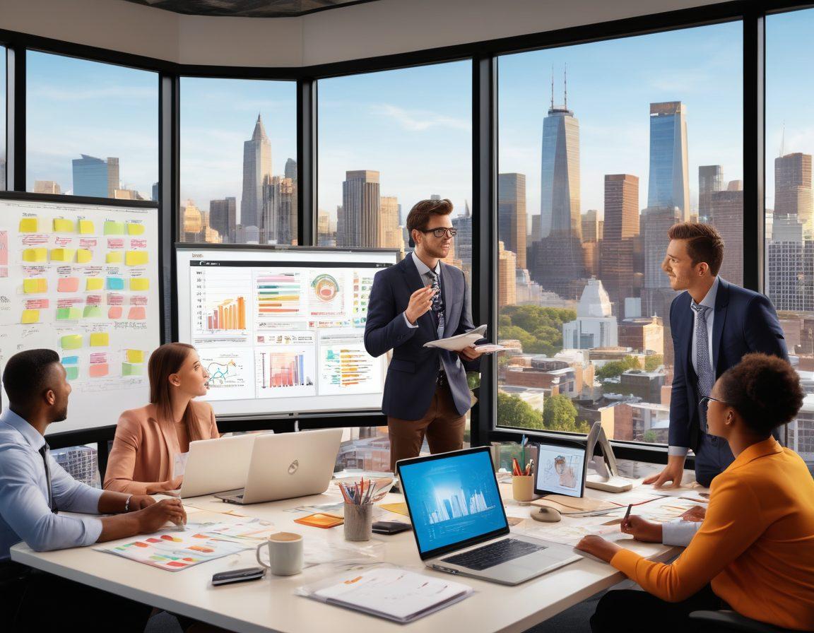 A dynamic and inspiring workspace scene featuring a diverse group of professionals collaborating and sharing ideas. Include elements like laptops, sticky notes, and career growth charts on a whiteboard, with a large window showcasing a bright city skyline. Ensure a sense of motivation and teamwork is conveyed through facial expressions and body language. super-realistic. vibrant colors. 3D.